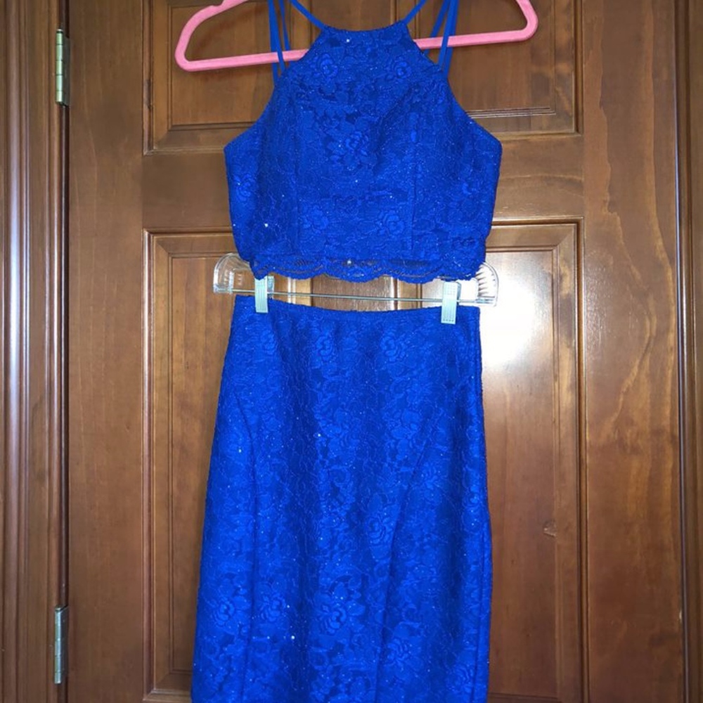 2 Piece Blue Lace Homecoming Dress
